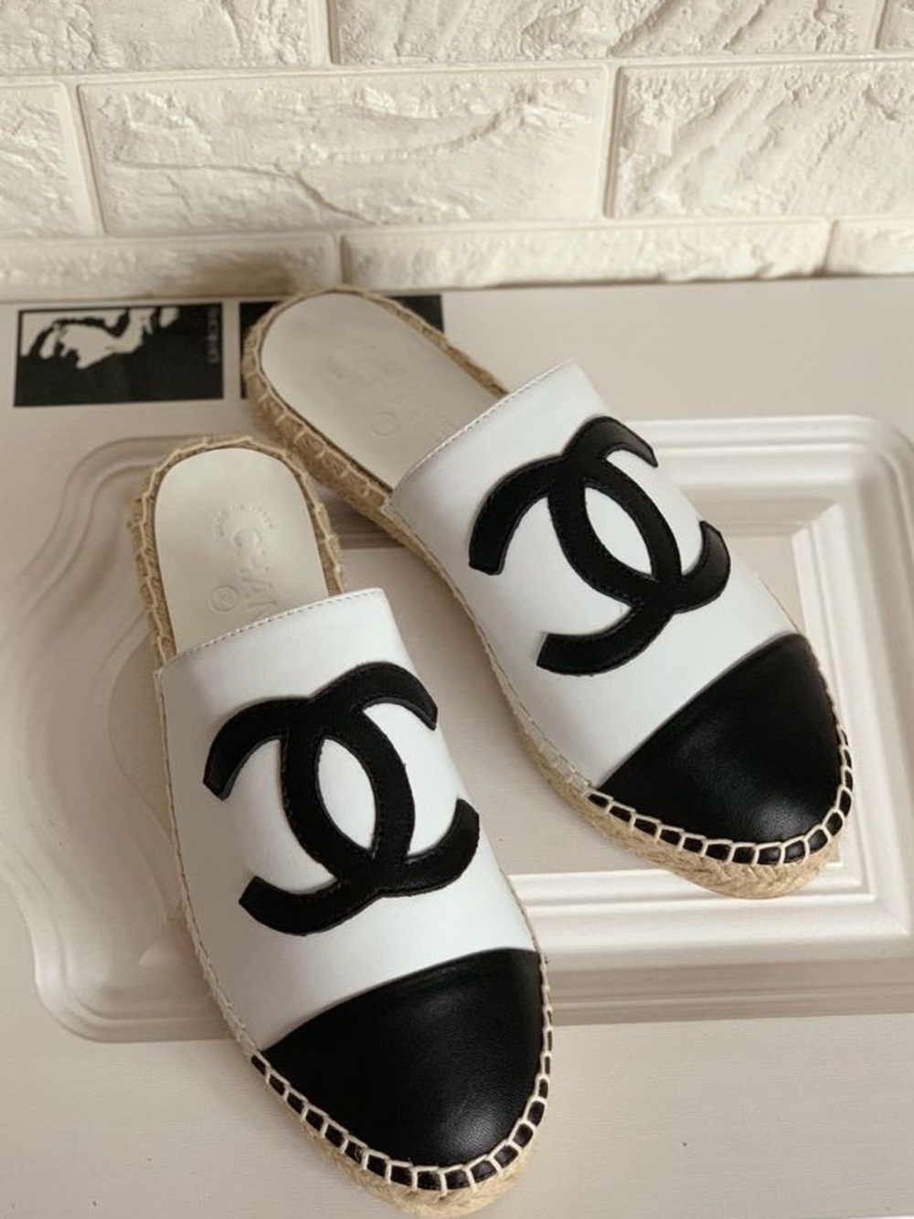 CHANEL Lamb Skin Pearl and Black Logo Espadrille Mules Size 39